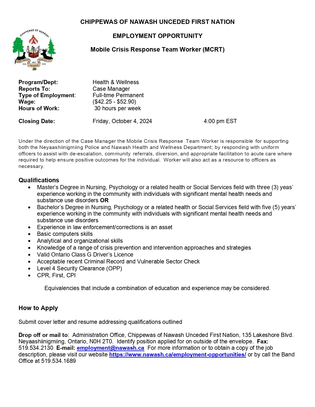 Mobile Crisis Response Team Worker Chippewas of Nawash Unceded First